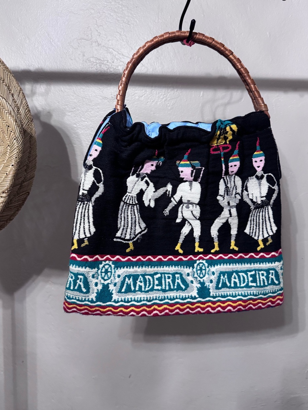 Vintage Madeira Portugal Handmade‎ Boho Woven, Bamboo Handled Purse (Medium)